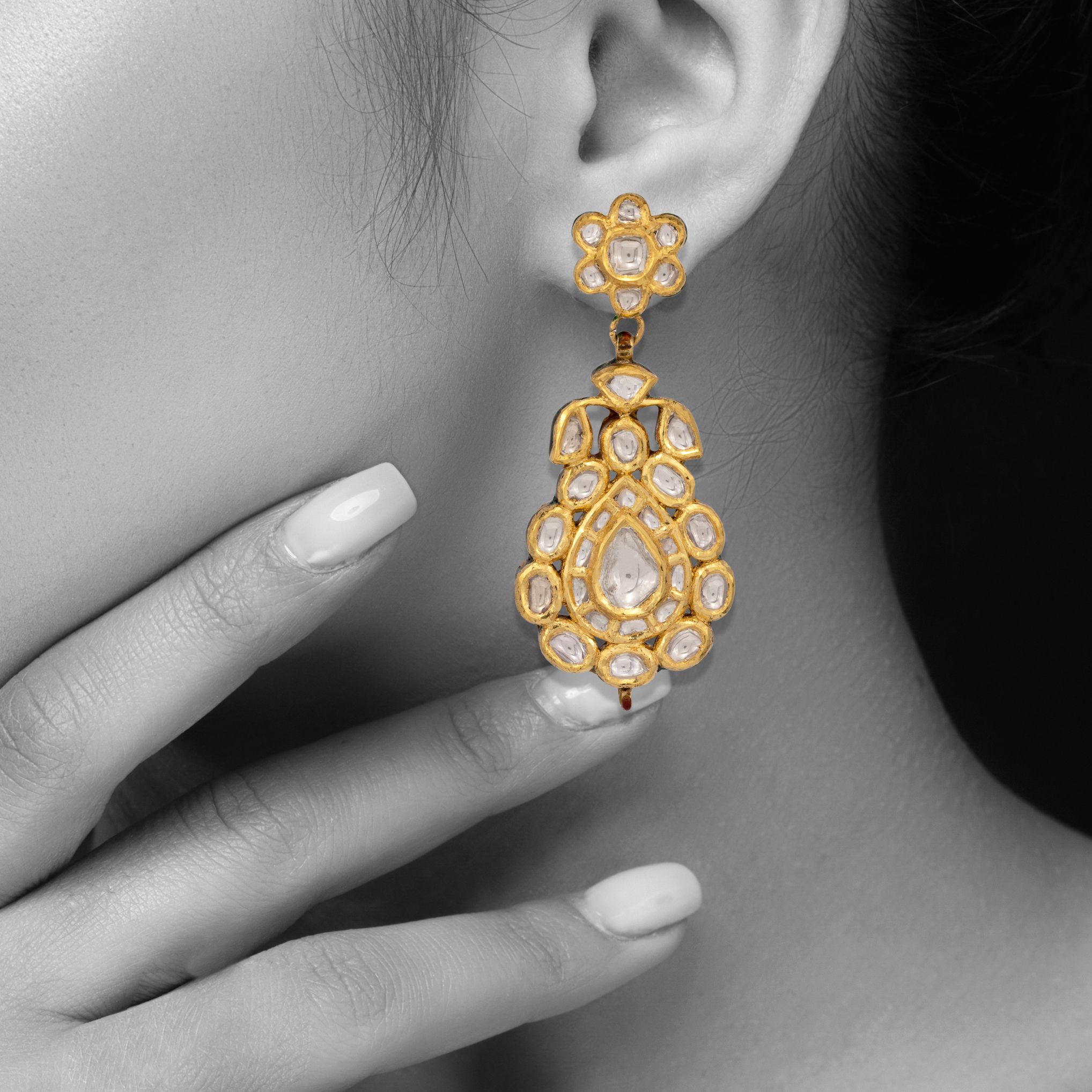 Teardrop Polki Earrings with Floral Gold Accents